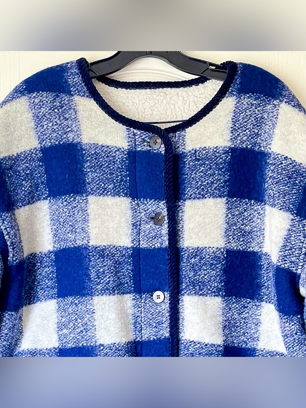 Sezane Farel Reversible Wool Jacket Blue Ecru Check US 12 NWT - Picture 4 of 11